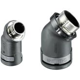 PMAFIX 45 degree black elbow with metric threads. Elbow material - polyamide 6, thread material-nickel-plated brass. Thread size - M25 x 1.5, conduit size NW - 17, thread length - 11, for Cable Protection Systems