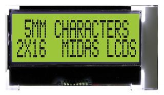 MIDAS   MCCOG21605D6W-SPTLYI   Alphanumeric LCD, 16 x 2, Black on Yellow / Green, 3 V to 5 V, I2C, English / Japanese