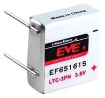 EVE         EF651615             Battery, LTC-3PN, Lithium Thionyl Chloride, 400 mAh, 3.6 V, PCB Pins