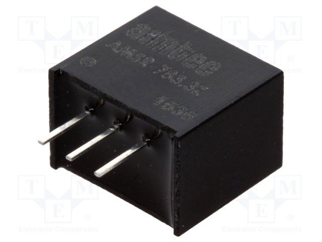 Switching Regulators; Product Weight (grams): 1.8; Input voltage min (V): 4.75; Input voltage max (V): 34; Output voltage min: 3.3; Output voltage max: 3.3; Output voltage dual assymetric (y/n): Single; Output Power (W): 1.65; Max Output current (A): 0.5; Efficiency (%): 81~91; Max Capacitive load (µF): 220; Package type: SIP3; Mounting: PCB; W (in): 0.29; L (in): 0.46; H (in): 0.4; W (mm): 7.5; L (mm): 11.68; H (mm): 10.16; Min Operating temperature: -40; Max operating temperature (°C): 85; EMC compliance 2: EN 55032 Class B; Case material: Plastic (flammability to UL 94V-0) ; Application 4 (building automation/IoT): 1; Application 5 (Industrial): 1; MTBF (h): 4500000; Derating : 85; Voltage Accuracy (%): ±2; Line Regulation (% of Vin): ±0.5; Load Regulation %: ±0.6; Ripple & Noise (mV p-p): 60; Switching Frequency typ (KHz): 330; Short circuit protection: Continuous