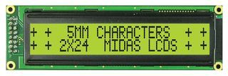MIDAS   MC22405C6WK-SPR   Alphanumeric LCD, 24 x 2, Black on Yellow / Green, 5 V, Parallel, English / Euro, Reflective
