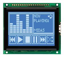 MIDAS         MC128064D6W-BNMLW             Graphic LCD, 128 x 64, White on Blue, 5V, Parallel, English, Euro, Japanese, Transmissive