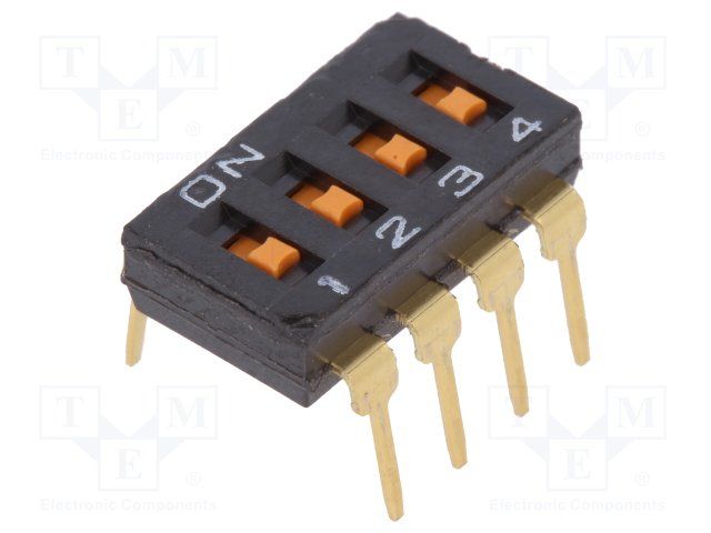 Slide DIP Switch, 4 Pos, SPST, 25mA, 24VDC, Through Hole