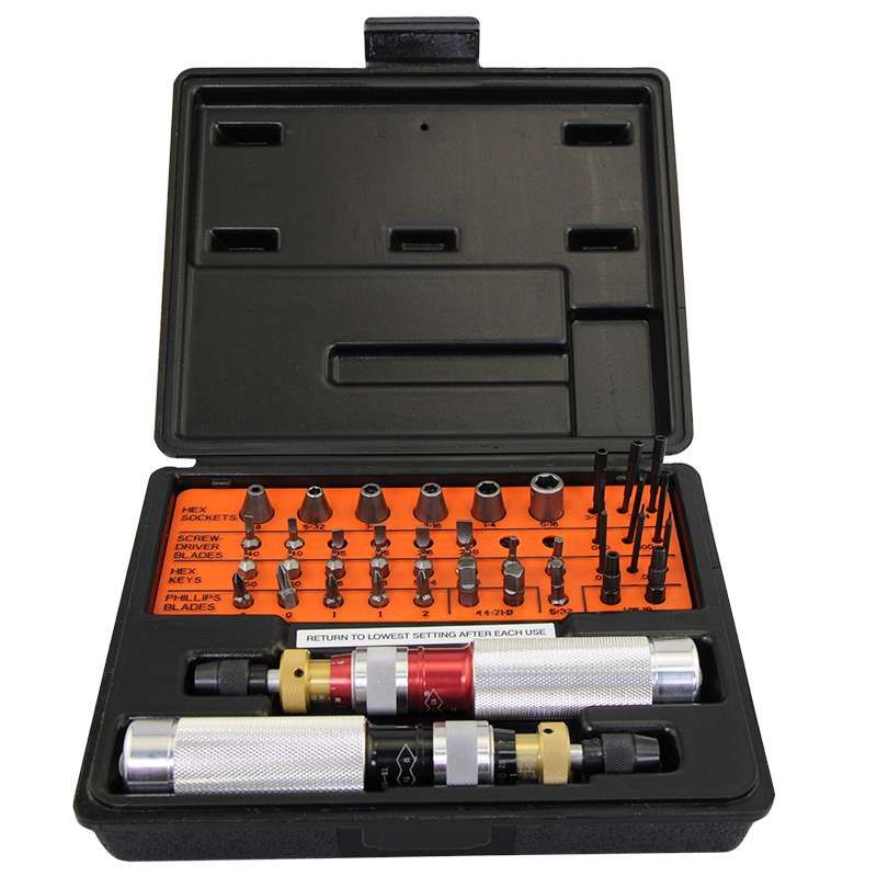 43 PIECE Torque-Limiting Screwdriver Kit; Kit Contents:2 Adj. Torque Dr., 3 Blades, 3 Key & Sockets, 9 Hex, 6 Slotted, 5 Phillips, 2 Adapters, 6 Dr. Socket; Range:20 in-oz to 30 in-lb ;RoHS Compliant: NA