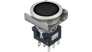 Switch,  pushbtn;  Rnd;  DPDT;  18.2mm mnt;  Flush metal bzl;  Solder tabs;  Blk;  UL CSA