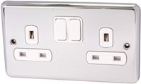 Deta Polished Chrome 2 Gang Steel Switched Electrical Socket, Type G - British, 13A, Flush Mount, IP2X