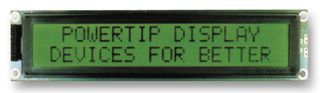 POWERTIP         PC2002LRU-BWB-H-Q             Alphanumeric LCD, 20 x 2, Black on Yellow / Green, 5V, Parallel, English, Japanese, Transflective