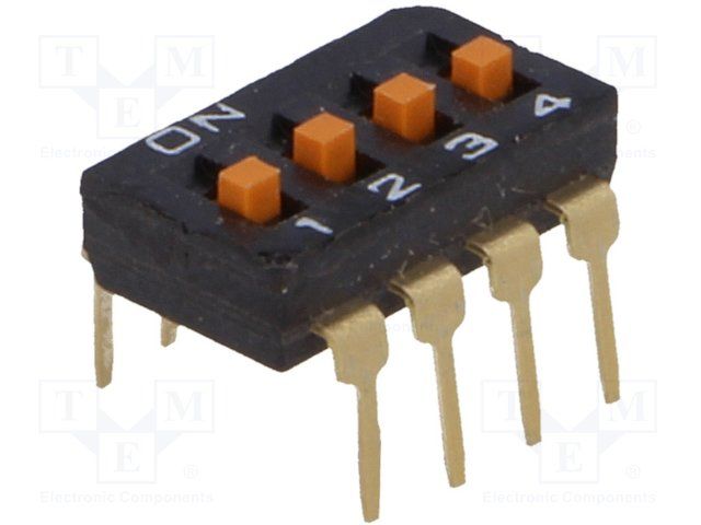 4-Pos SPST Slide DIP Switch, 25mA 24VDC, PC Pins, Thru-Hole