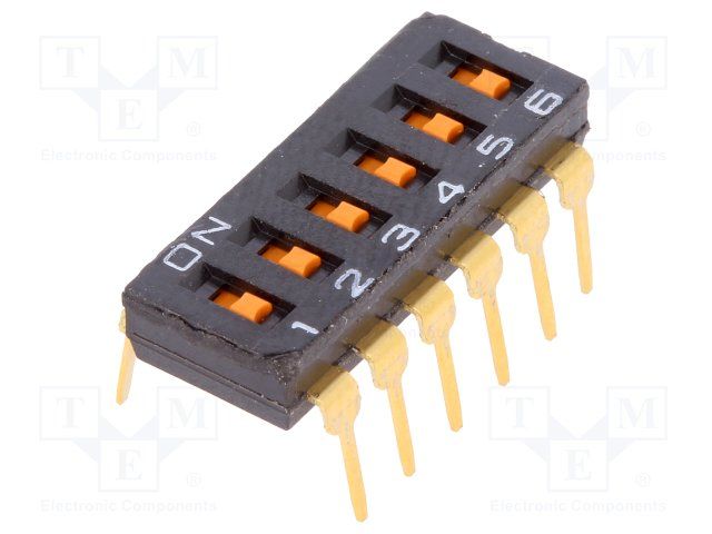DIP Switch, 6 Pos, SPST, 25mA, 24VDC, Through Hole