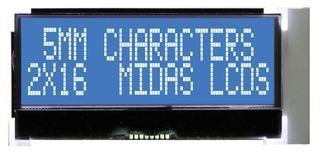 MIDAS   MCCOG21605C6W-BNMLWI   Alphanumeric LCD, 16 x 2, White on Blue, 3 V to 5 V, I2C, English / Japanese, Transmissive