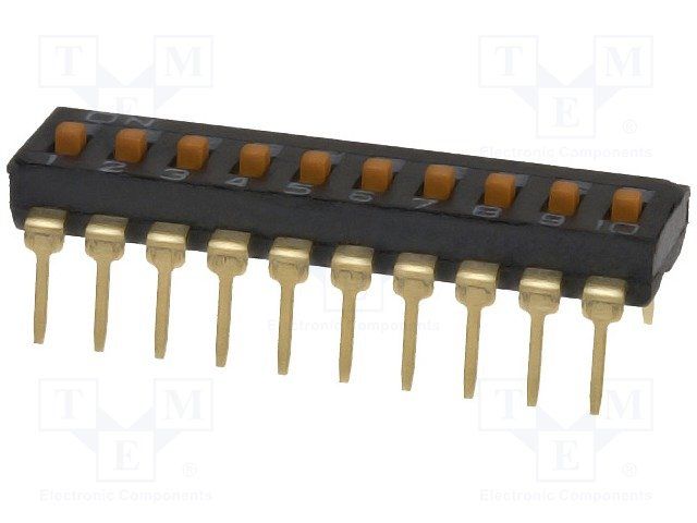 Slide DIP Switch, SPST, 10 Pos, 25mA, 24VDC, Through Hole
