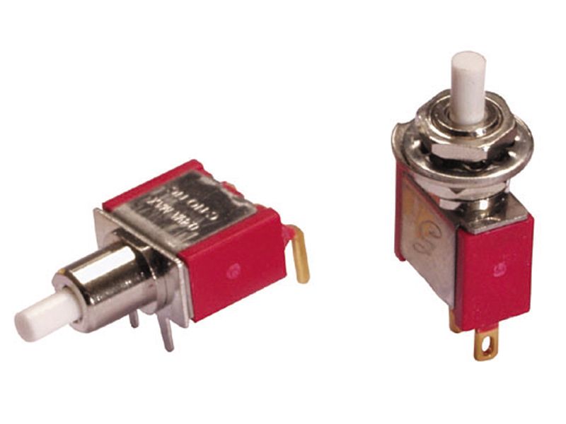 Switch Push Button ON (ON) SPDT Round Plunger 20VAC 20VDC 0.4VA Momentary Contact PC Pins Panel Mount/Through Hole