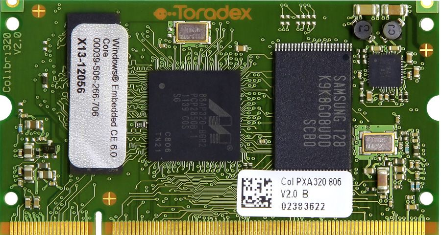 Colibri PXA320 is an SODIMM sized computer module which is part of the Colibri product family. Colibri PXA320 is based on the Marvell ARM® XScale® PXA320 (Monahans) processor and runs at 806MHz. The processors power consumption is optimized using the Intel Wireless Speedstep® Technology. The module comes with a pre-installed and fully licensed WinCE 5/6 core OS. Linux and Android are also available.