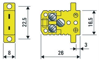 CASE, MIN SOCKET, GREEN, T/C TYPE K; For Use With:K type Thermocouple; Colour:Green; External Length / Height:8mm; External Width:16.5mm; Height:8mm; Length:26mm; Material:NiCr-Ni; Mounting Type:Panel; Operating Temperature Max:120°C; Operating Temperature Min:-50°C; Termination Method:Screw; Thermocouple Type:K