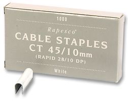 STAPLE, 10MM, PK5000; Staple Type:Cable; Bore Diameter Nom:-; Leg Length:10mm; Box Quantity:5000; External Width:10mm