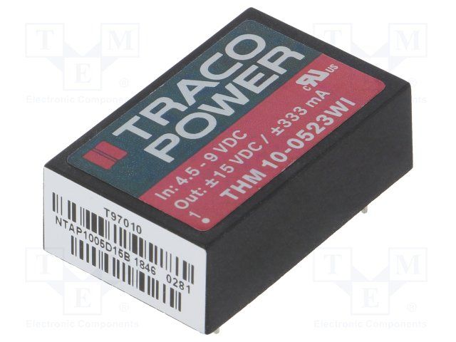 TRACOPOWER THM 10-0523WI Isolated Board Mount DC/DC Converter, Regulated, Through Hole, 10W, 15V, 333mA, -15V, 333mA