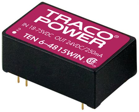 TRACOPOWER TEN 6-2422WIN Isolated Board Mount DC/DC Converter, 4:1 Input, Through Hole, 6W, 12V, 250mA, -12V, 250mA