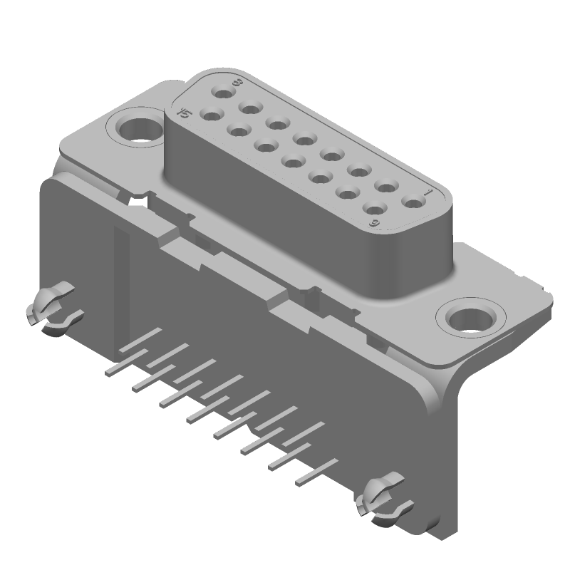 15 Pos Female D-Sub Connector, Right Angle, Gold/Tin Plated