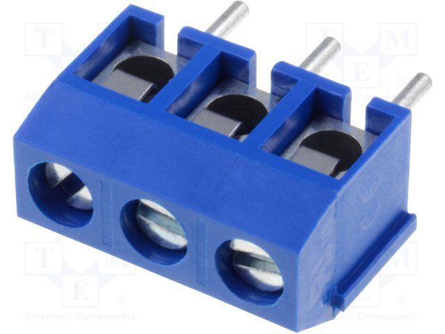 3 poles, p.5.0mm, height 10.0mm, blue colour, slot screw, pins l=6mm, 300V, 15A, 22-14AWG, 2.5mm2, straight, round...