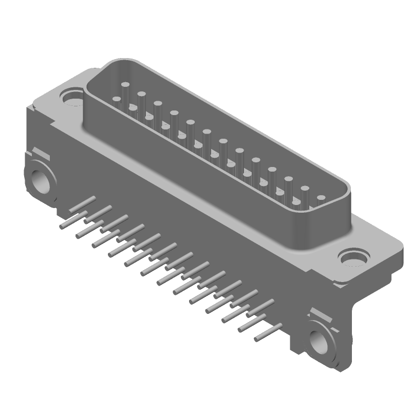 25 Pos Male D-Sub Connector, Right Angle, Through Hole, Gold/Tin Plated