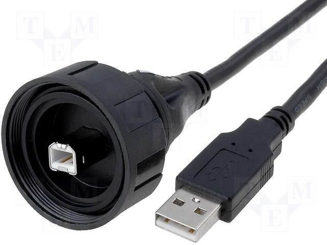 USB 2.0 Cable Assembly, 2m, Type-B to Type-A, 4-Pos, Shielded, 1A