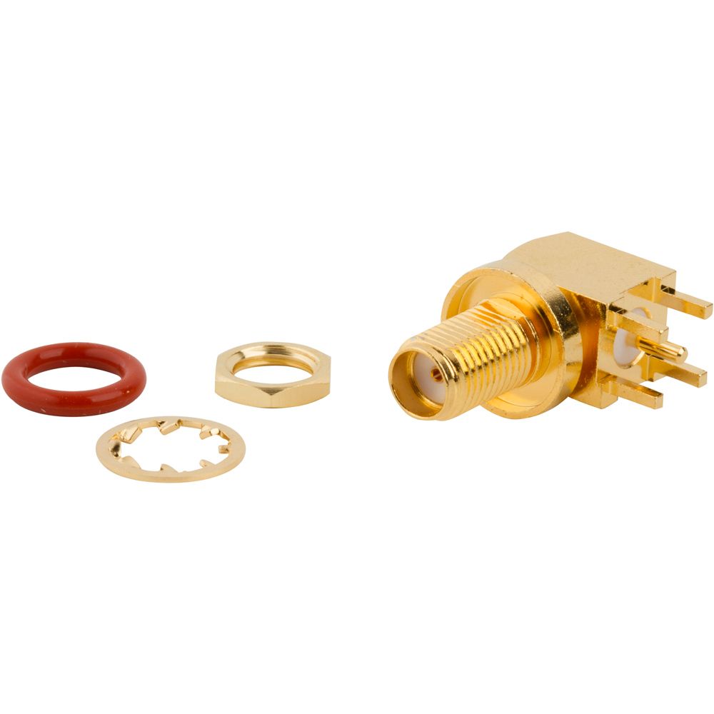 SMA Right Angle Jack, 12.4GHz, 50 Ohm, Gold Plated Brass, Bulkhead