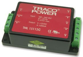 TRACOPOWER TML 15112C AC/DC Enclosed Power Supply, Module, Fixed, 1 Outputs, 85 V, 264 V, 15 W, 12 V