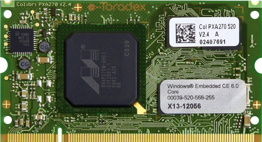 The Colibri PXA270 is a widely used SODIMM sized computer module based on the Intel/Marvell XScale® ARM® PXA270M processor. Colibri PXA270 modules run at 312MHz or 520MHz, and consume less than 800mW. The processors power consumption is optimized using Intel Wireless Speedstep® Technology. The module comes with a pre-installed and fully licensed WinCE 5/6 core OS. Linux is also available.