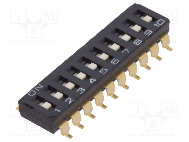 DIP Switch, Slide, SPST, 10 Pos, 25mA, 24VDC, SMD