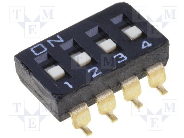 4-POS SPST Slide DIP Switch, 24VDC, 25mA, Gold, SMD Gull Wing