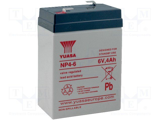YUASA         NP4-6             Rechargeable Battery, NP Series, Valve Regulated, Single Cell, Lead Acid, 4 Ah, 6 V, Quick Connect