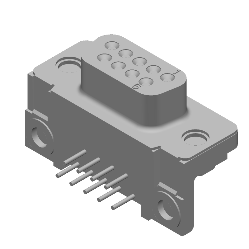 9 Pos D-Sub RA Receptacle, Female, Solder, Metal Shell, 125V