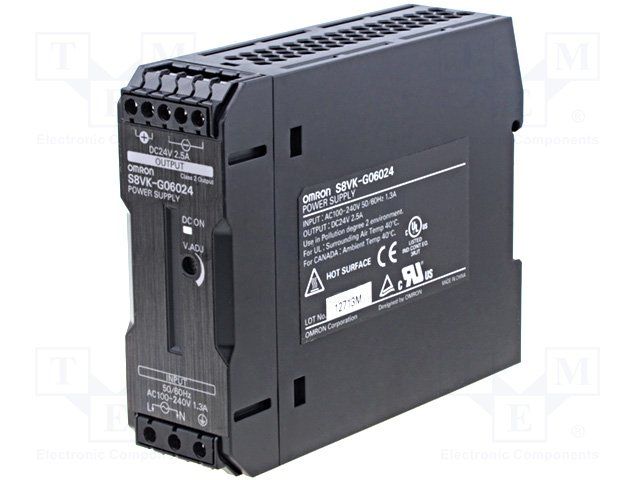 60W 24VDC Enclosed AC/DC Power Supply, 2.5A, 88% Eff