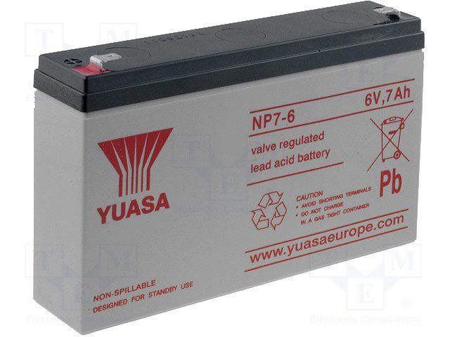 YUASA         NP7-6             Rechargeable Battery, NP Series, Valve Regulated, Single Cell, Lead Acid, 7 Ah, 6 V, Quick Connect