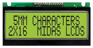 MIDAS   MC21605F6WE-SPTLY   Alphanumeric LCD, 16 x 2, Black on Yellow / Green, 5 V, Parallel, English / Japanese, Transflective