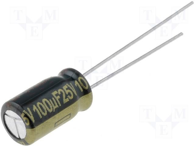 100uF 25V Aluminum Electrolytic Capacitor, Radial, 105C, 455mA