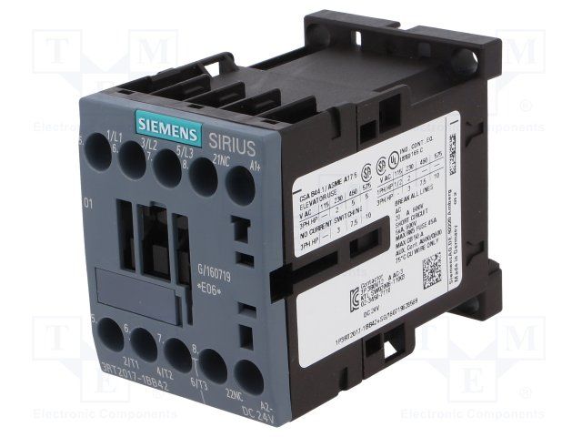 Contactor, 24 VDC, 3 NO, 1 break contact (NC), Screw Terminal, 3RT20171BB42, Siemens
