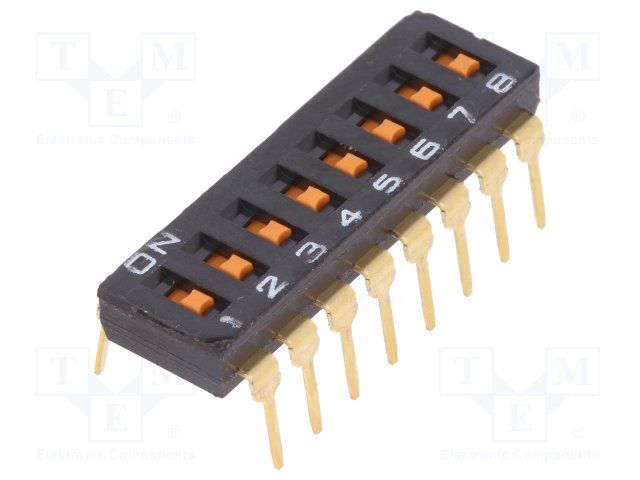 8 Pos SPST Slide DIP Switch, 25mA 24VDC, Through Hole