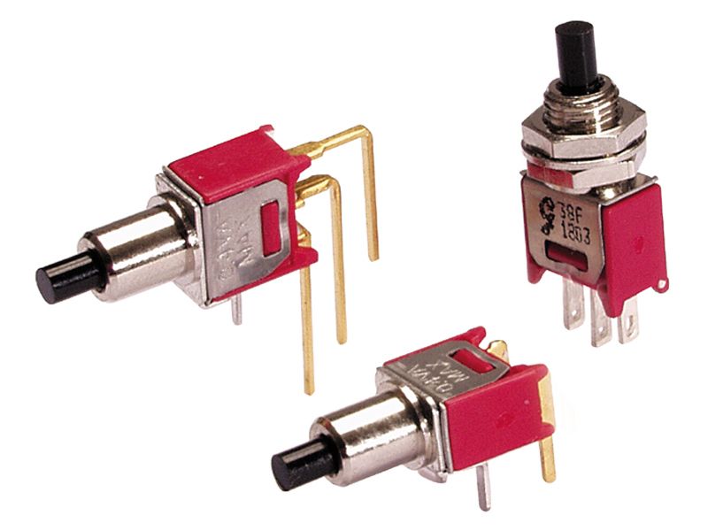 Switch Push Button OFF (ON) SPST Round Plunger 20VAC 20VDC 0.4VA Momentary Contact Thru-Hole PC Pins