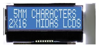 MIDAS - MCCOG21605B6W-BNMLWI - Alphanumeric LCD, 16 x 2, White on Blue, 3V to 5V, I2C, English, Japanese, Transmissive