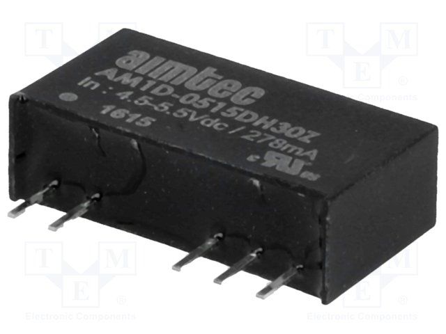 DC/DC Converter; Product Weight  (grams): 2.3; Input voltage min (V): 4.5; Input voltage max (V): 5.5; Output voltage min: 15; Output voltage max: 15; Output voltage dual assymetric (y/n): Dual; Output Power (W): 1; Max Output current (A): ±0.033; Efficiency (%): 82; Max Capacitive load (µF): ±100; Package type: SIP7; Mounting: PCB; W (in): 0.24; L (in): 0.76; H (in): 0.39; W (mm): 6; L (mm): 19.5; H (mm): 10; Min Operating temperature: -40; Max operating temperature (°C): 85; Isolation (VDC): 3000; EMC compliance 2: EN 55032 Class B; Case material: Plastic (flammability to UL 94V-0) ; Application 4 (building automation/IoT): 1; MTBF (h): 1121000; Derating : 85; Voltage Accuracy (%): ±3; Line Regulation (% of Vin): ±1.2% per 1% Vin Change; Load Regulation %: ±10; Ripple & Noise (mV p-p): 75; Switching Frequency typ (KHz): Variable 80; Short circuit protection: Momentary
