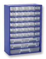 CABINET, 35DRAWERS, METAL, BLUE; Cabinet Style:Drawer; Cabinet Material:Metal; External Height - Imperial:2.17; External Height - Metric:55mm; External Width - Imperial:-; External Width - Metric:300mm; External Depth - Imperial:-; External Depth - Metric:135mm; SVHC:No SVHC (15-Jun-2015); Colour:Blue; Drawer Material:Polypropylene; External Depth:135mm; External Height:420mm; External Width:300mm; No. of Drawers:35