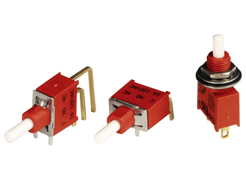 Switch Push Button ON (ON) SPDT Round Plunger 20VAC 20VDC 0.4VA Momentary Contact Thru-Hole PC Pins