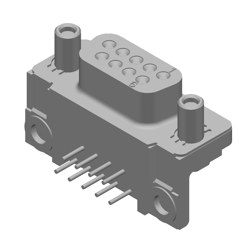 9 Pos Female D-Sub Connector, RA, Solder, Tin/Gold Plated