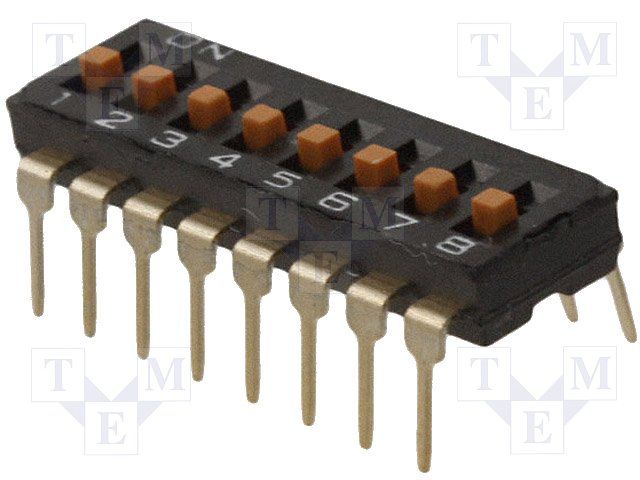 8-Pos SPST Slide DIP Switch, 25mA 24VDC, Thru-Hole PC Pins