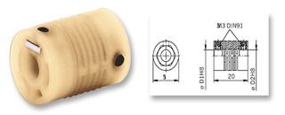 COUPLING, IVO ENCODER; Torque:0.2mN-m; Coupling Material:Nylon 6.6 (Polyamide 6.6) Glass-fibre Reinforced; External Diameter:15mm; SVHC:No SVHC (19-Dec-2012); Bore Diameter Max:6mm; Bore Diameter Min:6mm; External Length / ;RoHS Compliant: NA