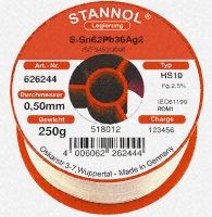 Stannol 0.5mm Wire Lead Solder, +183  +190C Melting Point, 36% Lead, 62% Tin, 2% Silver, 250g