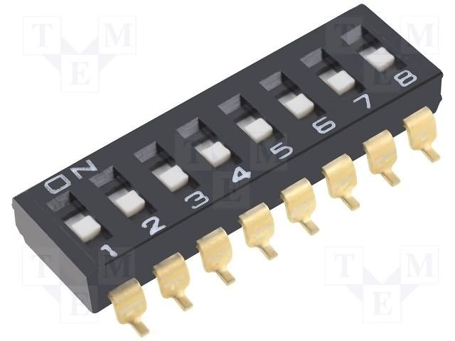 8 Pos SPST Slide DIP Switch, 24VDC, 25mA, Gold, SMD, Gull Wing