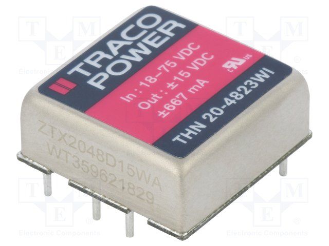DC/DC converter 18. . .75 VDC 15 VDC 20 W, THN 20-4823WI, Traco Power