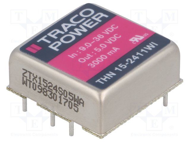 15W DC/DC Converter, 5V/3A, 9-36V In, Isolated, Board Mount